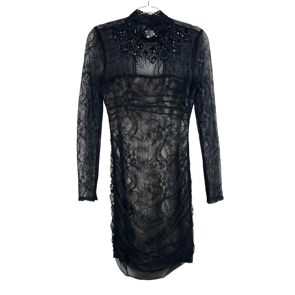 Y2K Bebe Lace Bodycon Dress Women Small Black Excellent Beaded Mock Neck 2000s